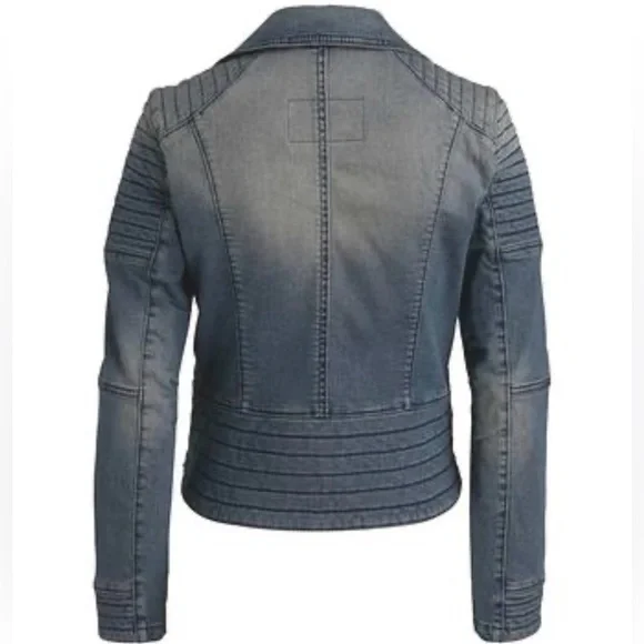 Marc Cain Blue Denim Biker Jacket  Quilted Moto Shoulders & Asymmetric Zip jeans - Picture 2 of 14